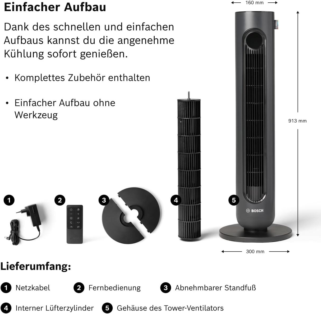 Bosch Tower Fan , Leiser Turmventilator, Midnight Grey | Mit Fernbedienung, 8 Geschwindigkeitsstufen, 90° Oszillation, Nachtmodus & 8-Stunden-Timer, 19 dB(A)