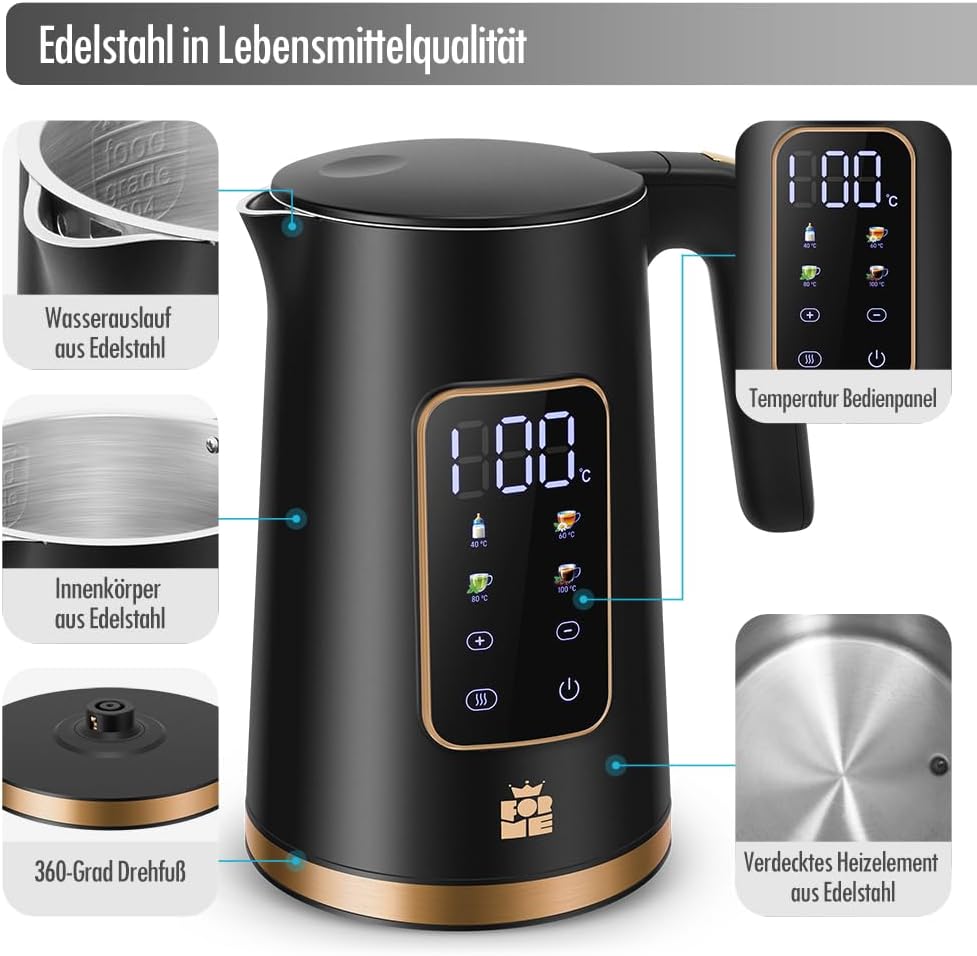 Edelstahl Wasserkocher 1,7 L mit Temperatureinstellung Temperaturauswahl 40-100°C I LED Digitale Temperaturanzeige I Temperatureinstellbare Wasserkocher I Teekanne Teekessel Wärmefunktion