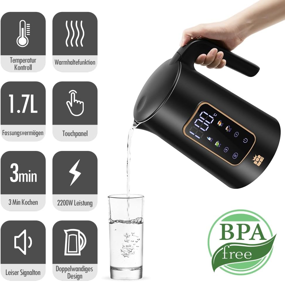 Edelstahl Wasserkocher 1,7 L mit Temperatureinstellung Temperaturauswahl 40-100°C I LED Digitale Temperaturanzeige I Temperatureinstellbare Wasserkocher I Teekanne Teekessel Wärmefunktion