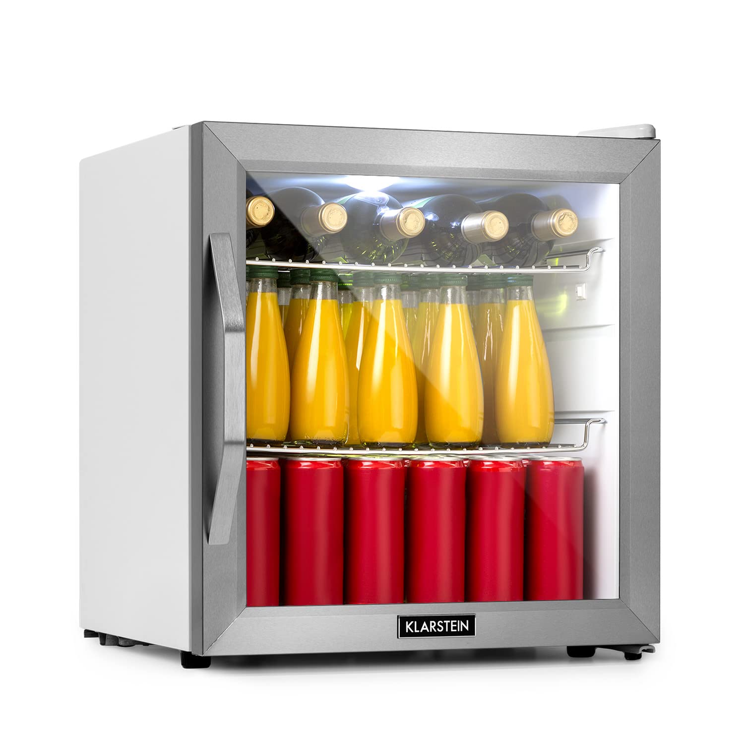 Getränkekühlschrank 33 L – Mini Kühlschrank mit Glastür, Silber-Schwarz | LED-Beleuchtung, herausnehmbare Metallablagen, leise, Flaschenkühlschrank für Getränke & Dosen