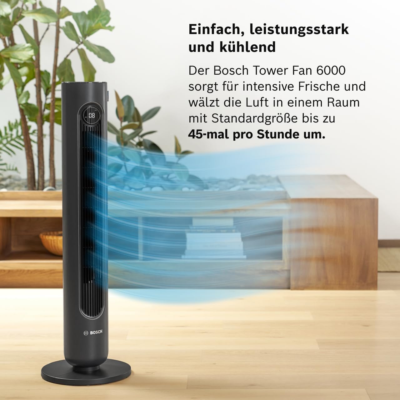 Bosch Tower Fan , Leiser Turmventilator, Midnight Grey | Mit Fernbedienung, 8 Geschwindigkeitsstufen, 90° Oszillation, Nachtmodus & 8-Stunden-Timer, 19 dB(A)