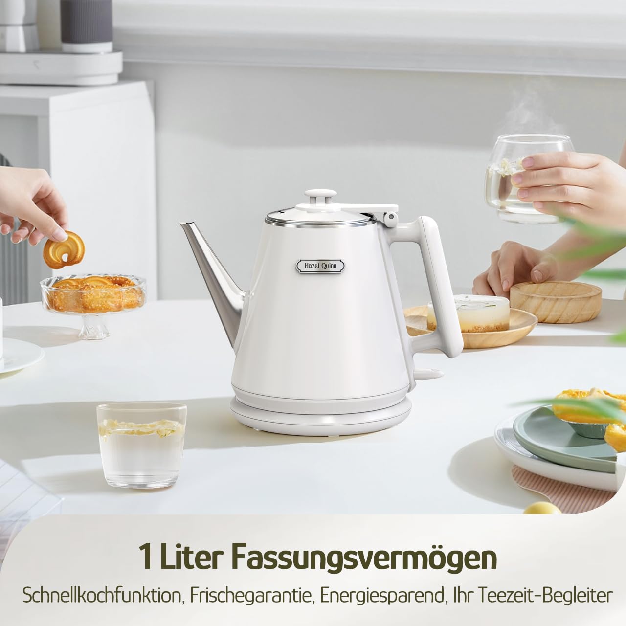 Elektrischer Wasserkocher, 1 Liter, Retro Design, Kleiner Teebereiter, Doppelwand, 304 Edelstahl, 1360W Schnelles Kochen, BPA-frei, automatische Abschaltung