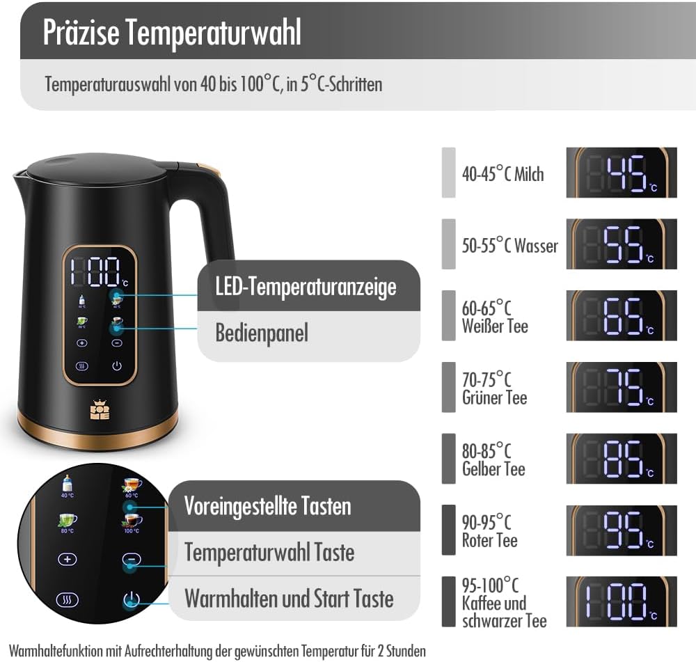 Edelstahl Wasserkocher 1,7 L mit Temperatureinstellung Temperaturauswahl 40-100°C I LED Digitale Temperaturanzeige I Temperatureinstellbare Wasserkocher I Teekanne Teekessel Wärmefunktion