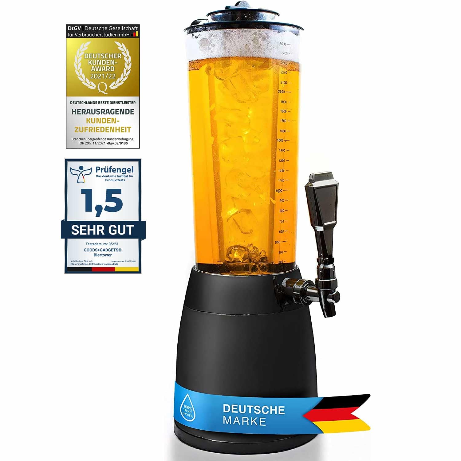 4,0L Biersäule Zapfsäule Kult Biertower Trinksäule Getränkespender Getränkesäule mit 1,3L Eiskühlung (Schwarz)
