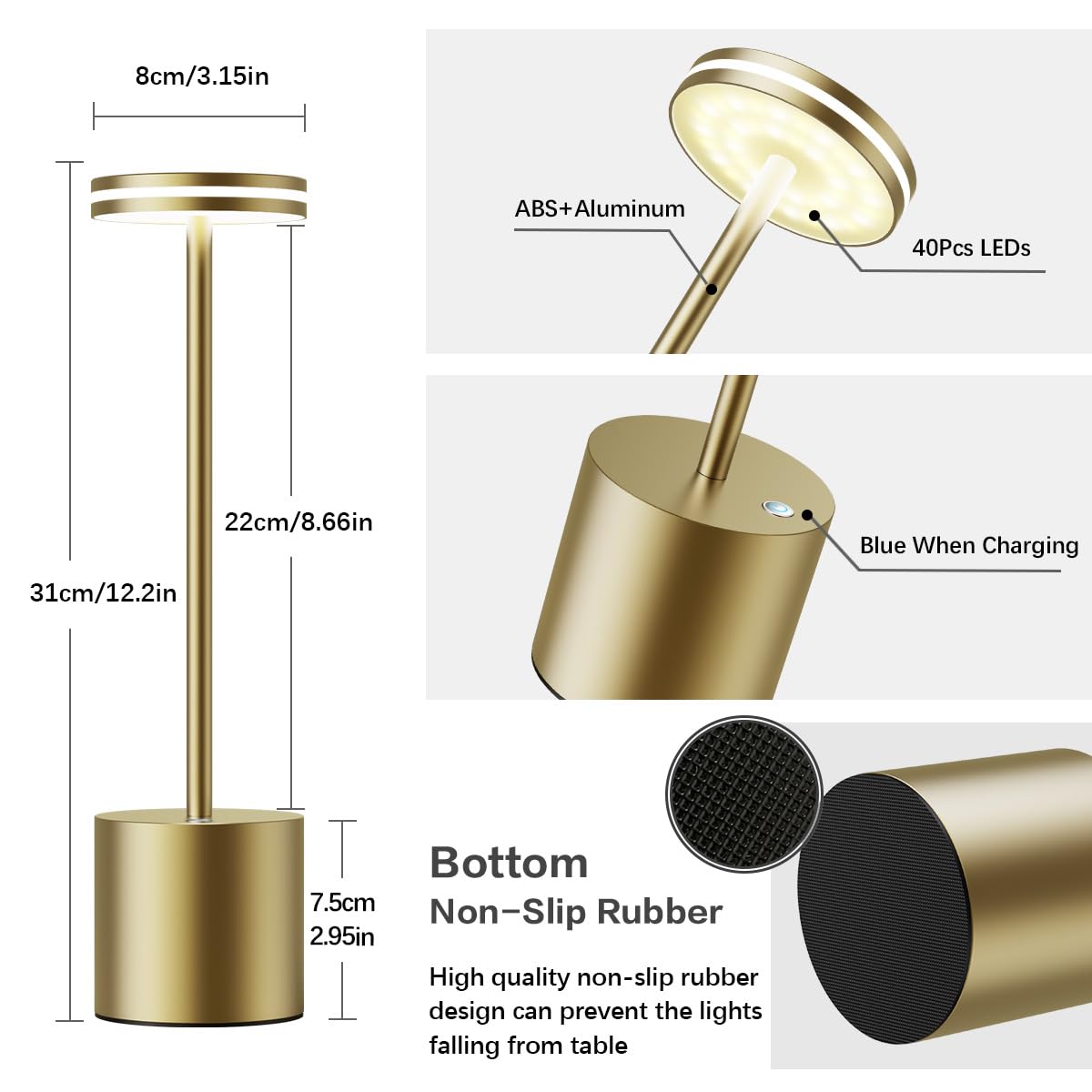 LED Batterie Tischlampen, Wireless, 5000 mAh Modern dimmbar Tischlampe, Aluminium, 3 Farbtemperaturen, Tischlampen Wiederaufladbar für Innen-, Aussen-, Nachttisch, Esstisch, Bar