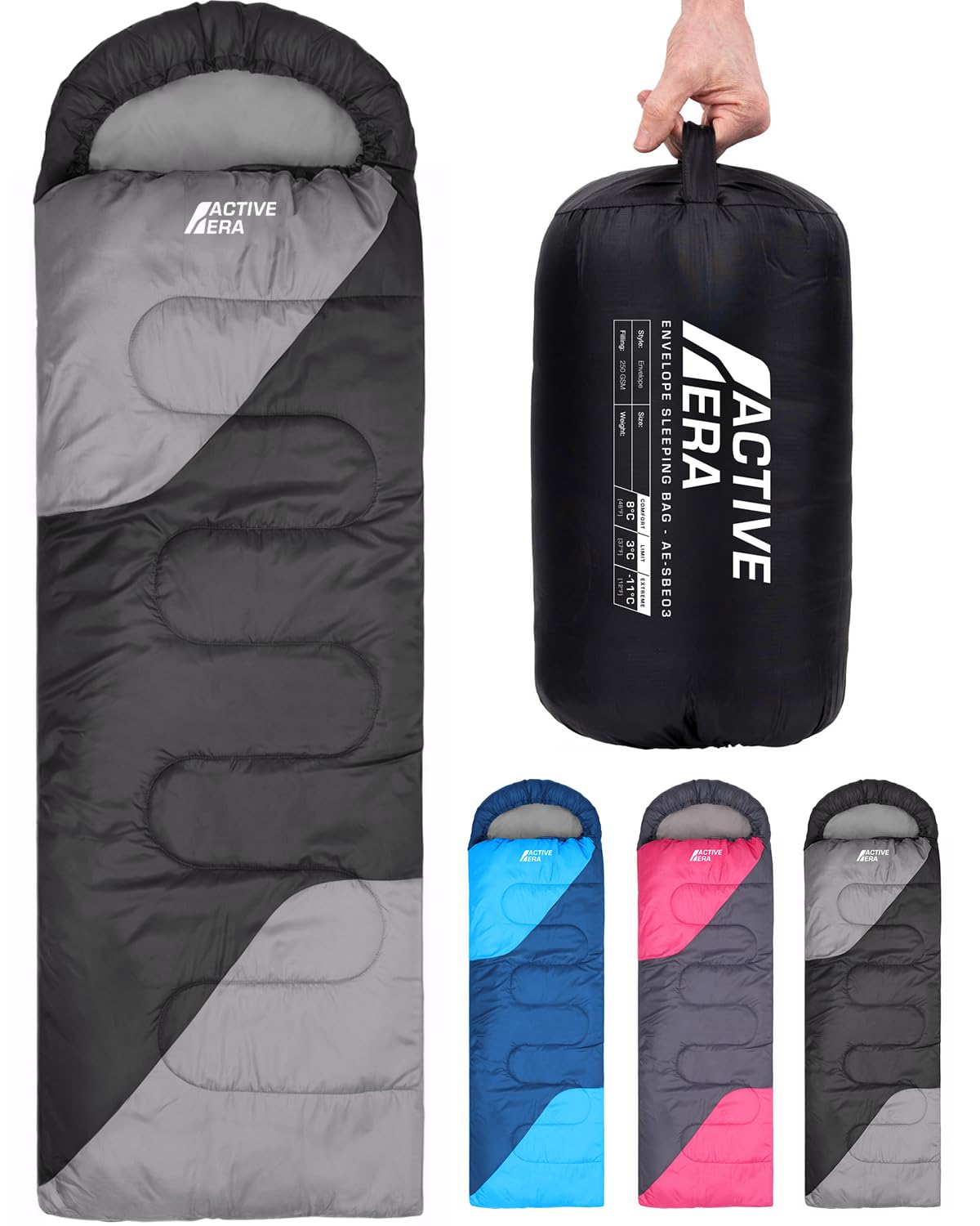 Active Era Premium Mumienschlafsack 250 GSM, Schlafsack Winter & Sommer, 0°C bis 15°C, Indoor und Outdoor Camping, Festivals, Sleeping Bag Wasserabweisend, Ultraleicht, Kleines Packmaß