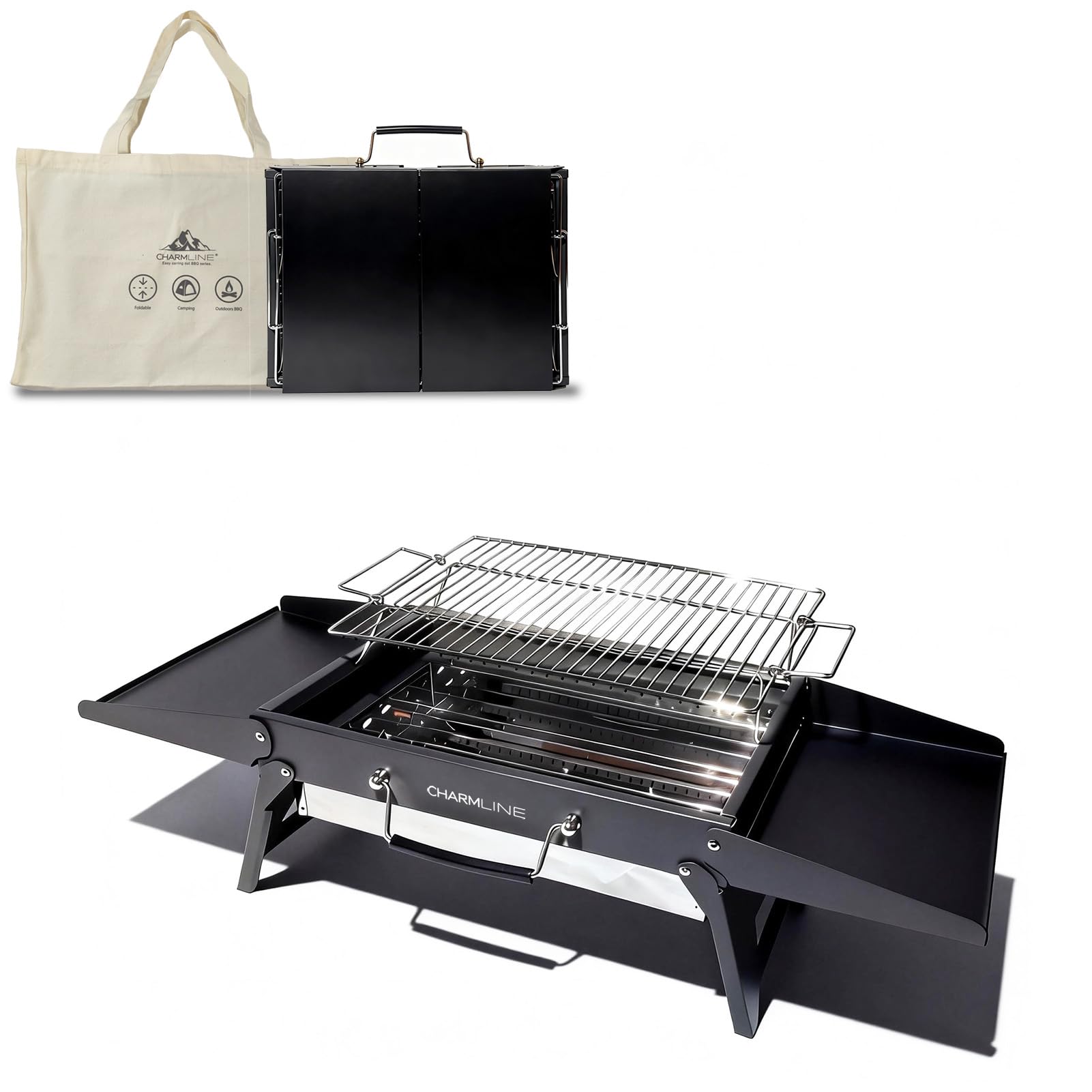 Tragbarer Holzkohlegrill, Klappbarer Campinggrill 35 x 23 cm für 1–3 Personen, Mini BBQ Grill für Balkon, Garten, Camping, Picknick und Strand