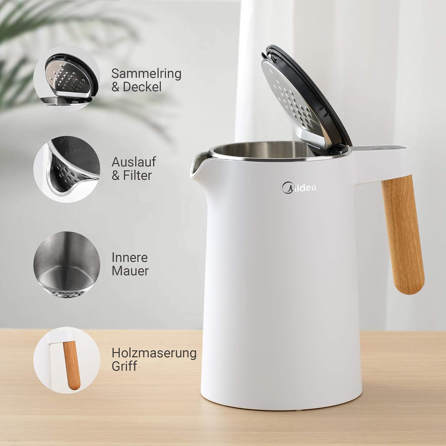 Edelstahl-Kessel mit Temperatureinstellung, 45°C - 100°C, 1,5 Liter, 2200 W Wasserkocher weiß, Teebereiter mit Temperaturanzeige und Sicherheitsfunktionen, BPA-frei, Doppelwanddesign