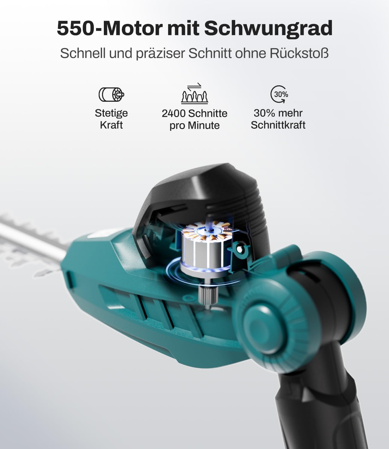 Akku Teleskop-Heckenschere kompatibel mit Makita 18V-Akkus, Schnittbreite 41 cm, Zinkenabstand 16 mm, Höhe bis 262 cm, 11-Fach winkelverstellbarer Schneidkopf