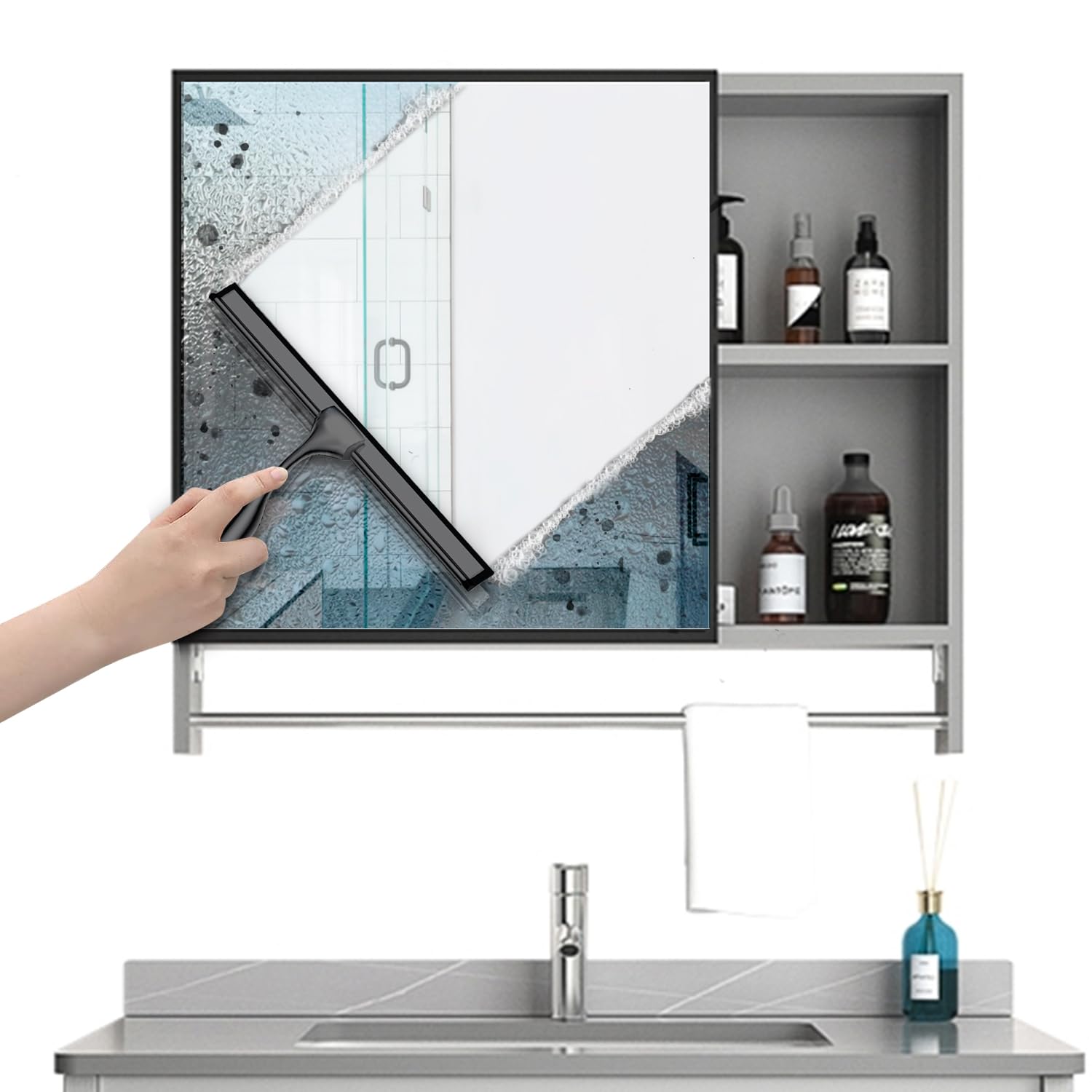 Edelstahl Duschabzieher Mit Selbstklebe Haken, Silber Abzieher Dusche Wischer für Badezimmer, Kurzer Handgriff Glaswischer, Glas Wasserschieber, Duschwand Abzieher, Badwischer