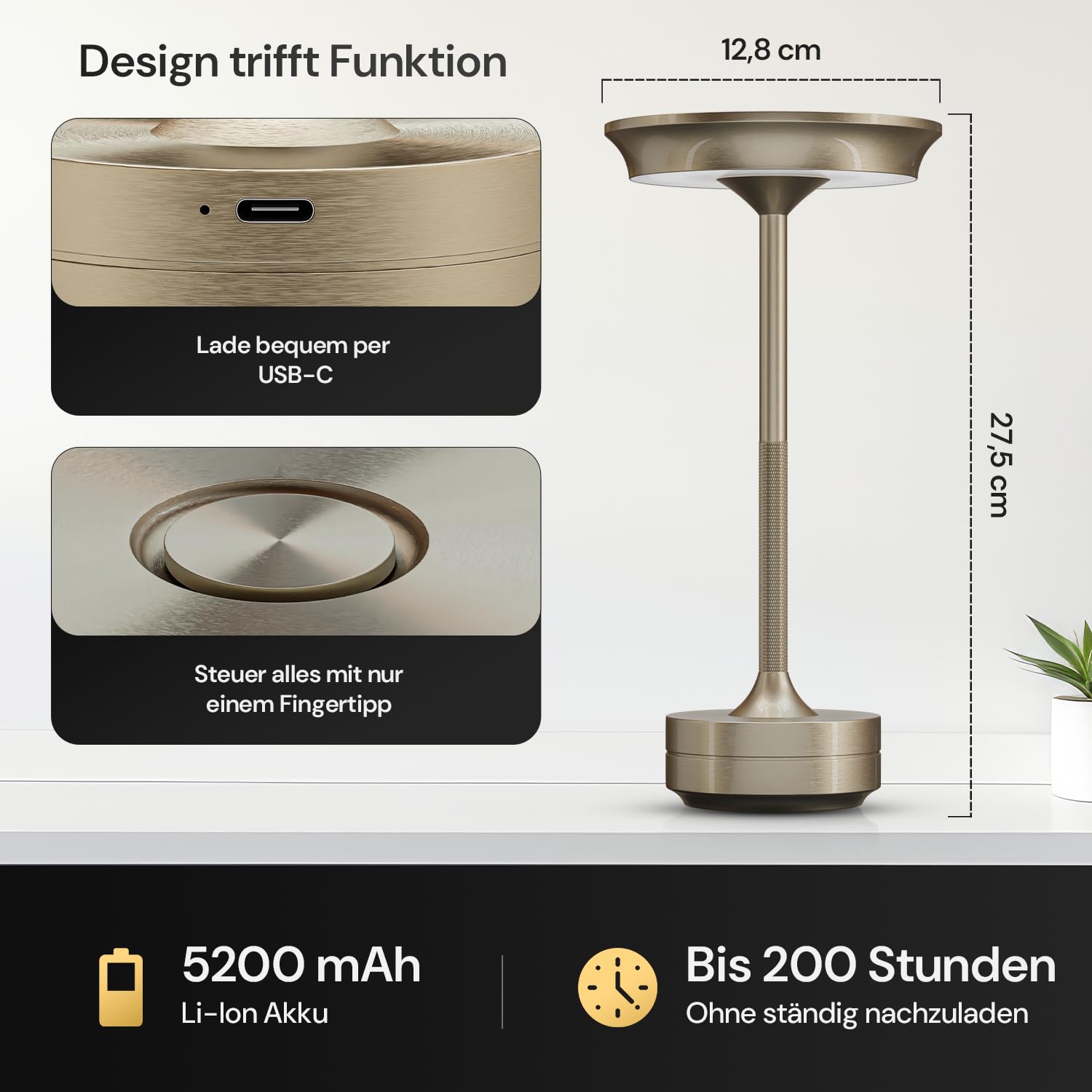 LED Tischlampe Wireless - Stilvolles Design mit Batterie & USB-C - 3 Lichtfarben & Dimmfunktion - Drahtlose Freiheit für Outdoor & Indoor - Dimmbare Batterietischlampe Wiederaufladbar