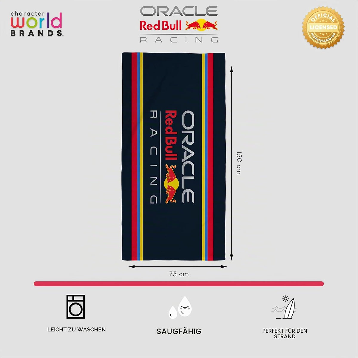 Character World Offizielles Red Bull Racing Handtuch | Superweiches Gefühl, dreifarbiges Formel Eins Team Design | Perfekt für Haus, Bad, Strand & Schwimmbad | Eine Größe 75cm x 150cm | 100% Baumwolle