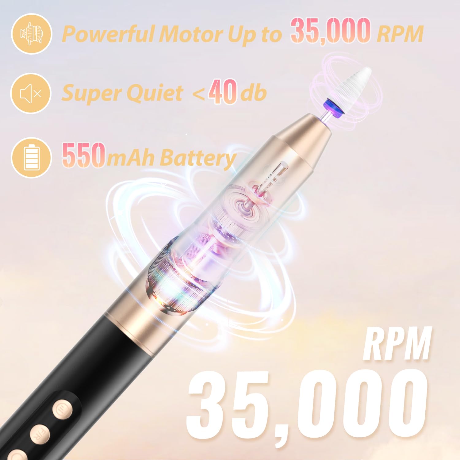 Nagelfräser Kabellos, Elektrische Nagelfeile Professionelle 2 in 1 Fräser für Gelnägel Acrylnägel mit Nagel UV LED Lampe, Maniküre und Pediküre Set Nail Drill 35000 U/Min Schwarz