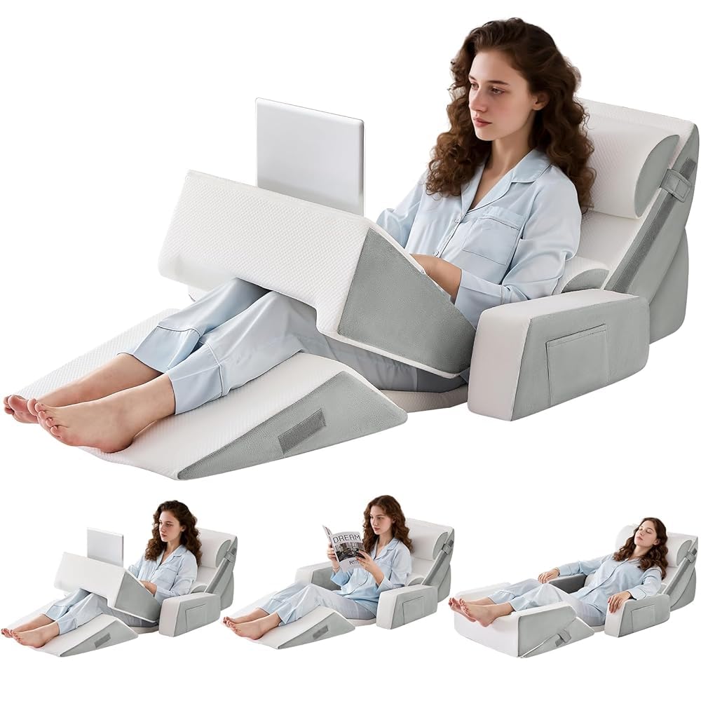 9PCS Orthopädische Bett Keil Kissen Set,Post Chirurgie Schaum Kissen für Körper, Rücken und Beine Schmerzlinderung,Justierbare Stützkissen mit Säure Reflux Bed Wedge Memory Foam Durchgehend dunkelgrau