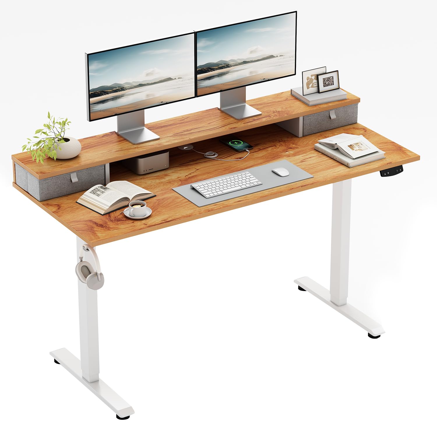 Höhenverstellbarer Schreibtisch mit Doppelschubladen, Elektrisch Höhenverstellbarer Schreibtisch, Sitz-Steh-Computertisch, Ergonomischer Stehschreibtisch