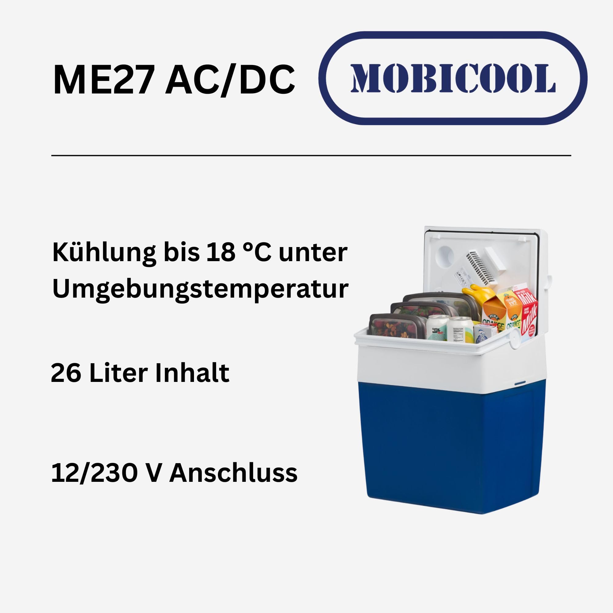 Elektrische Kühlbox, 12V und 230V, 26L, blau - Mini-Kühlschrank für Auto, Camping, Urlaub, Boot, Festivals - leicht, tragbar, mit praktischem Kabelfach und Eco/Max Modus