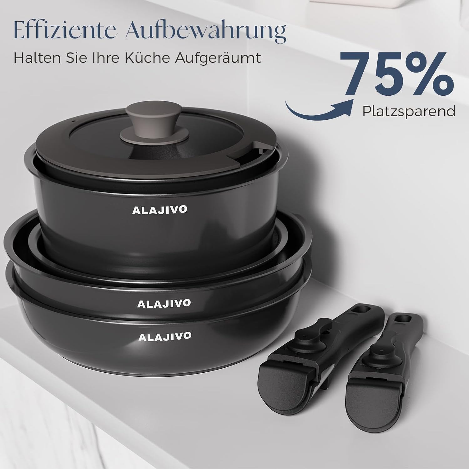 Topfset mit Abnehmbarer Griff, 17-Teilig Topfsets Pfannenset mit Antihaft Beschichtet, Topfset Induktion Kochtopf Set mit Deckel, für Alle Herdarten, Backofenfest, Ofenfest (grau)