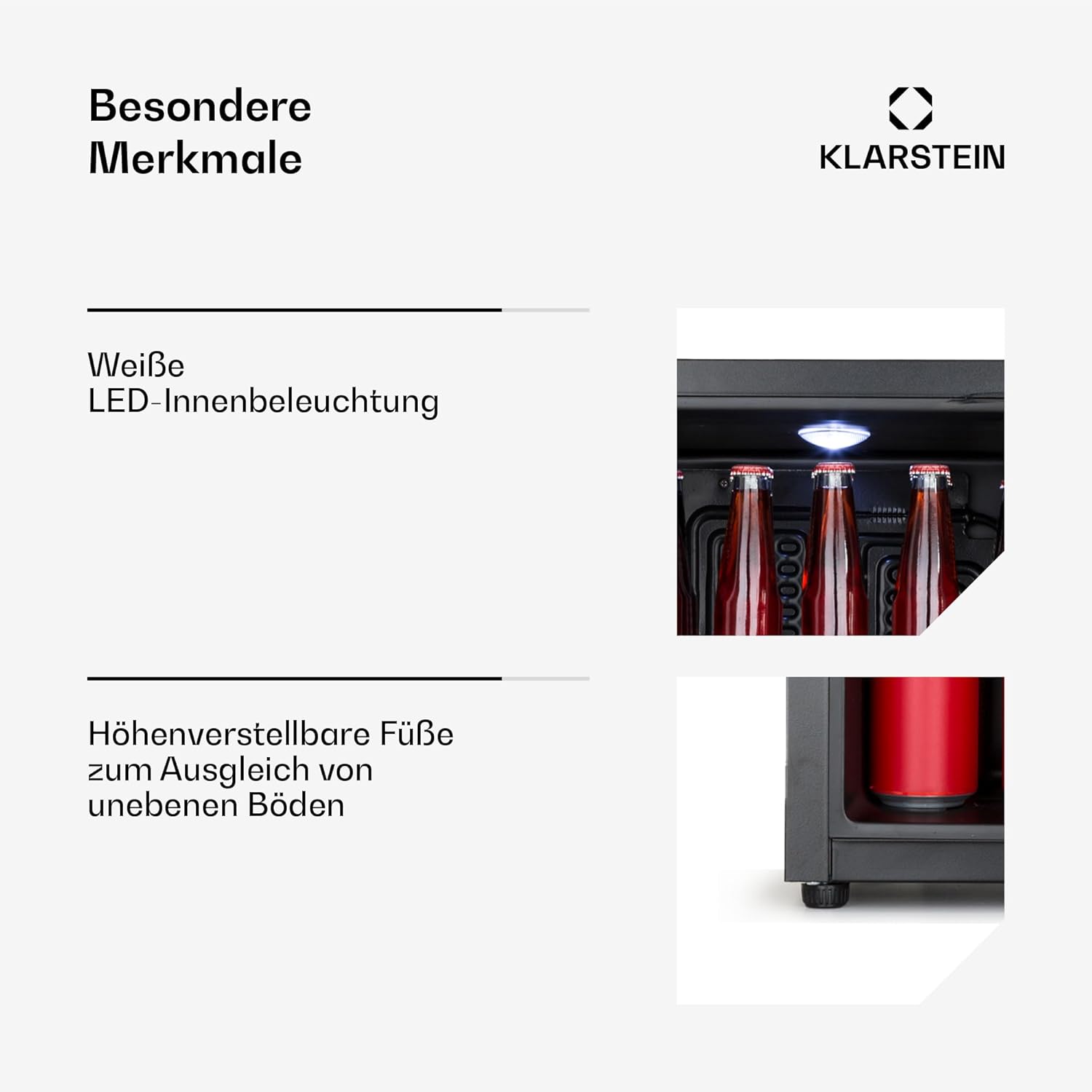 Getränkekühlschrank 33 L – Mini Kühlschrank mit Glastür, Silber-Schwarz | LED-Beleuchtung, herausnehmbare Metallablagen, leise, Flaschenkühlschrank für Getränke & Dosen