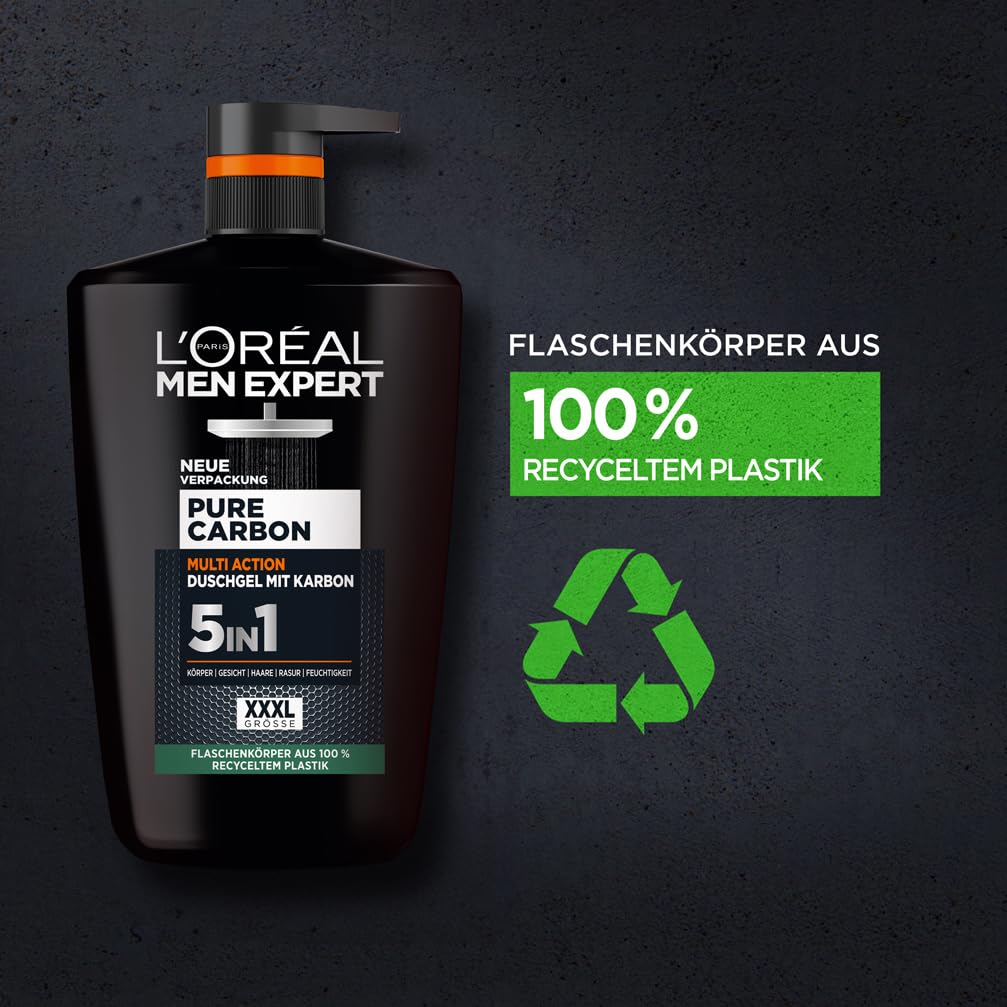 L'Oréal Men Expert XXXL 5in1 Duschgel und Shampoo für Männer, Duschbad zur Reinigung von Körper, Haar und Gesicht, Herren Körperpflege für langanhaltende Frische mit Karbon, Pure Carbon, 1 x 1000 ml