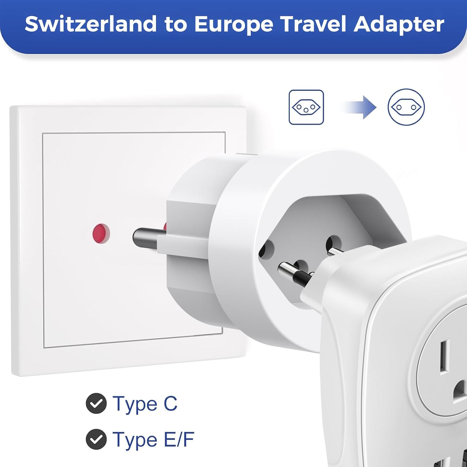 Reiseadapter Schweiz auf EU Adapterstecker, 3 Stück Schweiz auf EU Reisestecker Adapter, Liechtenstein auf EU Adapterstecker 3 poliger Schweizer Stecker auf 2 polige DE Buchse Schweizer Steckdose