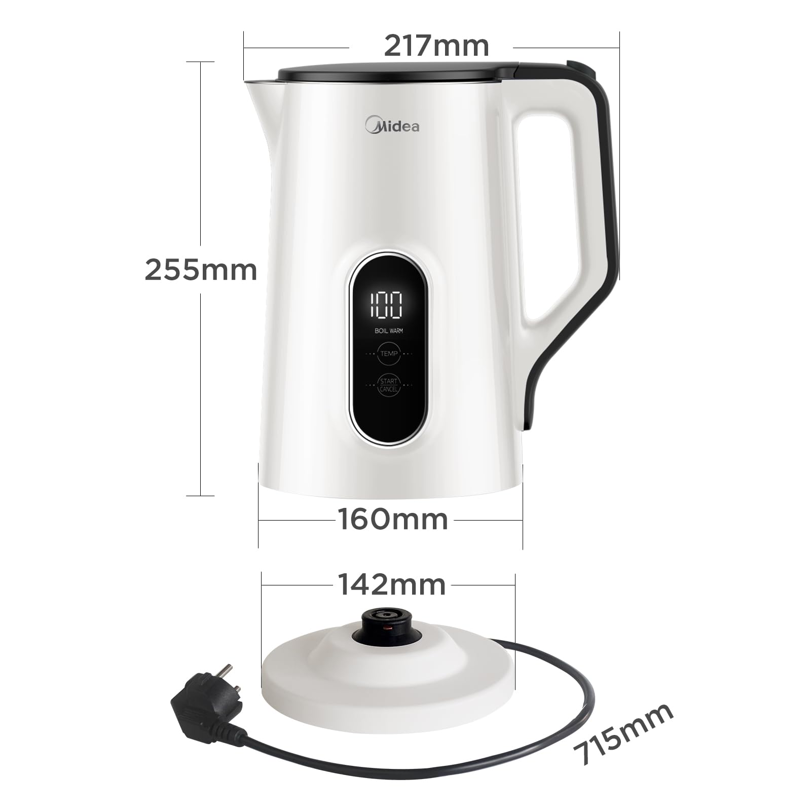 Edelstahl-Kessel mit Temperatureinstellung, 45°C - 100°C, 1,5 Liter, 2200 W Wasserkocher weiß, Teebereiter mit Temperaturanzeige und Sicherheitsfunktionen, BPA-frei, Doppelwanddesign