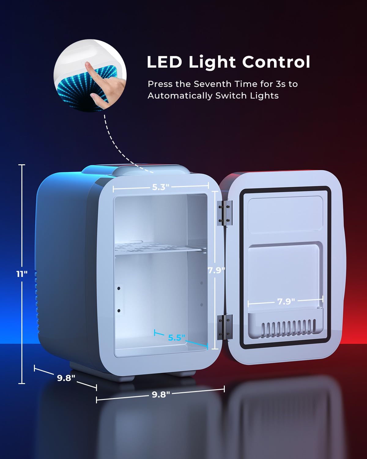 Mini Kühlschrank, 4L / 6 Dosen Leise Minikühlschrank, 7 RGB Lichtmodi, 2in1 Kühl- und Warmhaltefunktion für Getränke & Skincare, AC 220V / DC 12V, Mini Fridge für Gaming, Büro, Auto (Schwarz)