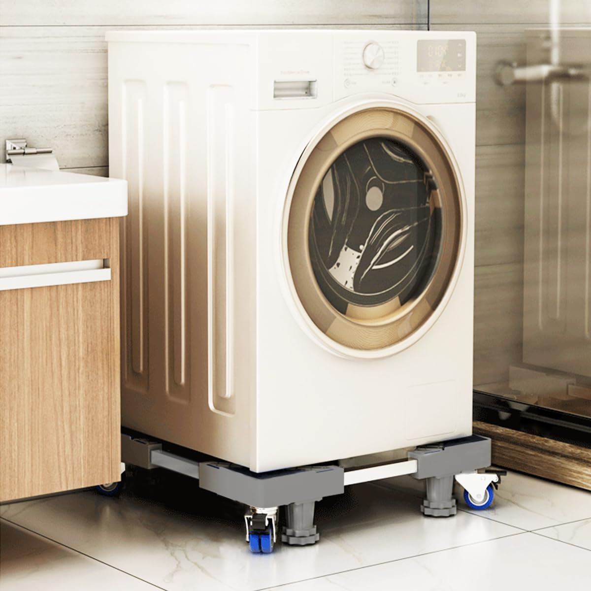 Waschmaschinen Untergestell mit 4 Füßen für Waschwaschine,Kühlschrank und Trockner,Verstellbare Waschmaschinensockel mit Rutschfester Stoßdämpfungsfunktion,(Einstellbare:42-65cm) | Verstellbare Breite 42-65cm Waschmaschinensockel mit Rutschfester St