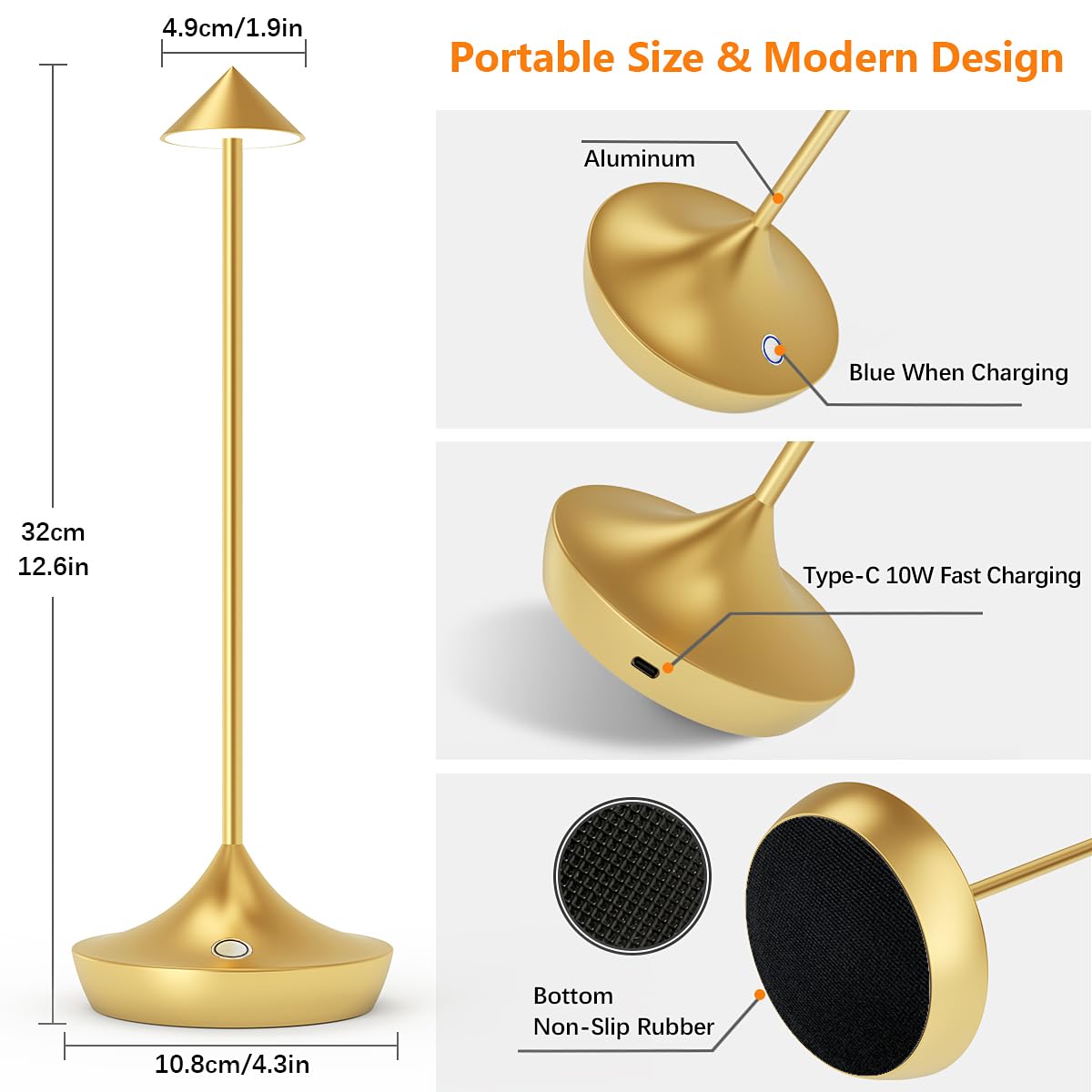 LED-Batterie Tischlampe Drahtloses , modernem Aluminium Dimmable Wireless Tischlampe 6000 mAh, wasserdicht, Tischlampen wiederaufladbar für Innen-Aussentisch Tisch Restaurant