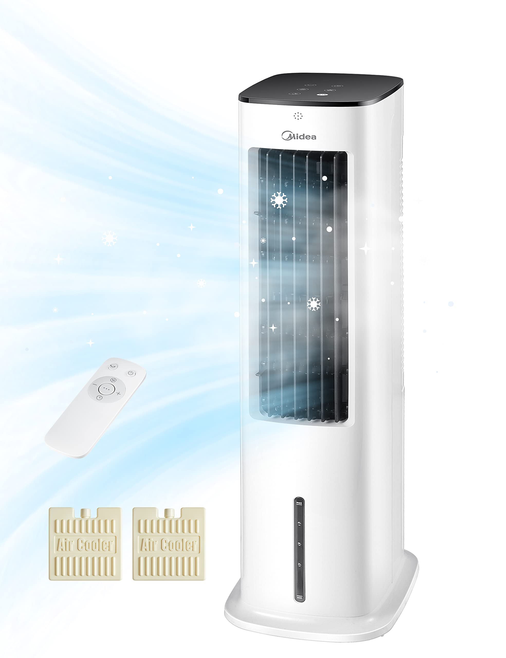 4-in-1 Mobile Klimaanlage Leiser:Luftkühler,Turmgebläse,Luftbefeuchter und Luftreiniger,mit Fernbedienung,5L Wassertank,355m³/h Luftdurchsatz,55W,LED-Display,Timer,Weiß