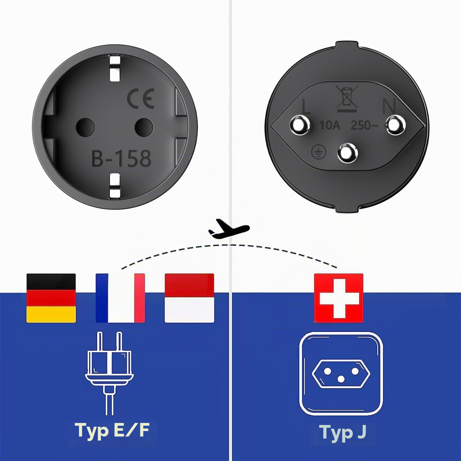 Reiseadapter Schweiz auf EU Adapterstecker, 3 Stück Schweiz auf EU Reisestecker Adapter, Liechtenstein auf EU Adapterstecker 3 poliger Schweizer Stecker auf 2 polige DE Buchse Schweizer Steckdose