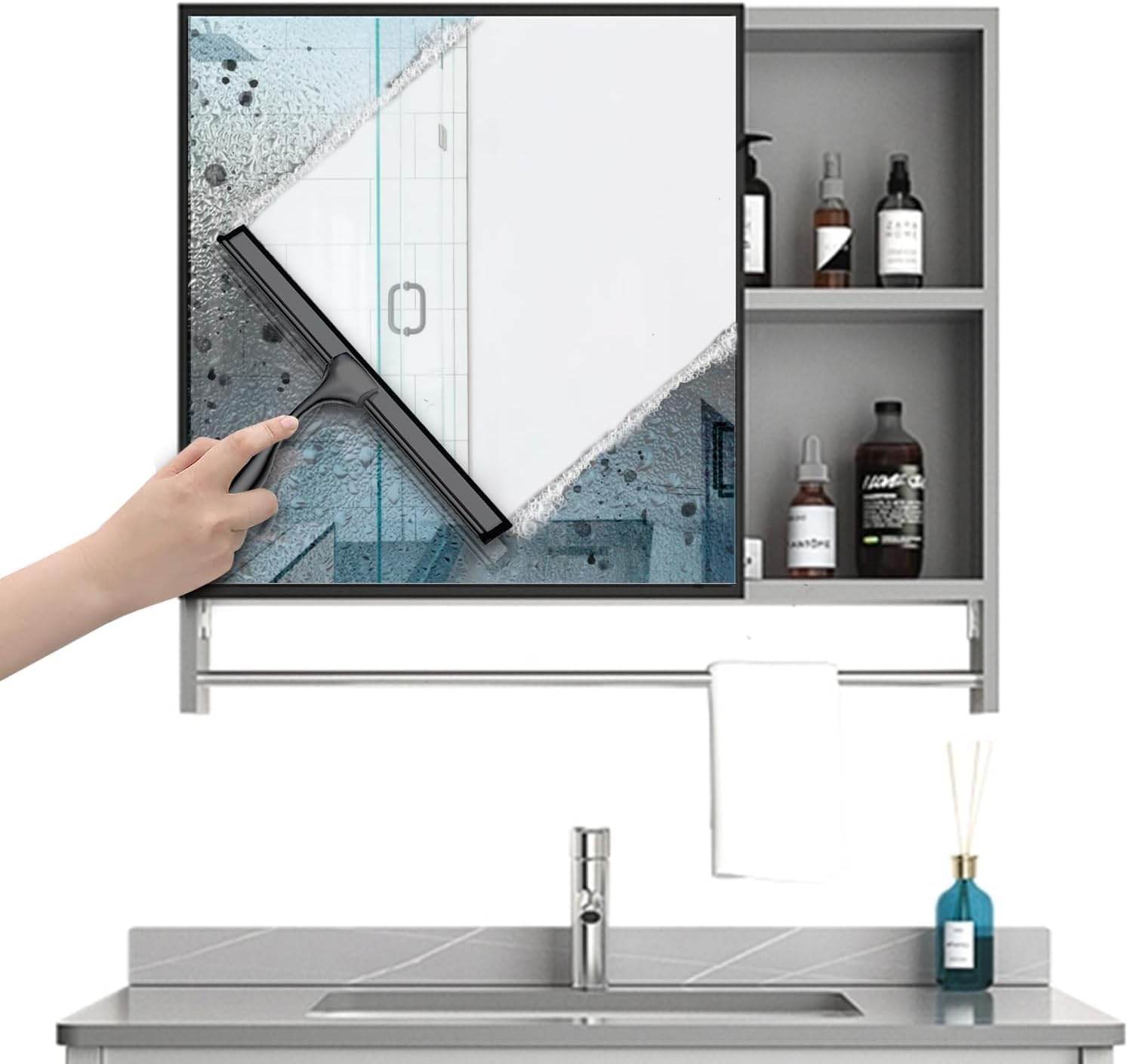Edelstahl Duschabzieher Mit Selbstklebe Haken, Silber Abzieher Dusche Wischer für Badezimmer, Kurzer Handgriff Glaswischer, Glas Wasserschieber, Duschwand Abzieher, Badwischer