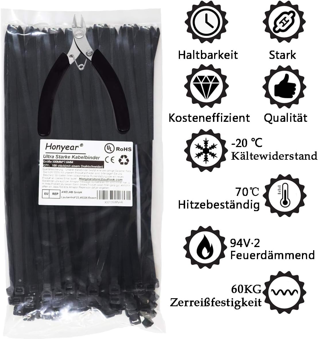 1000 Stück Kabelbinder Schwarz 100/150/200/250/300mm Und 20 Klebesockel, Kabelbinder set, UV Beständig, Hitzebeständig, Kunststoff Kabel Binder Set