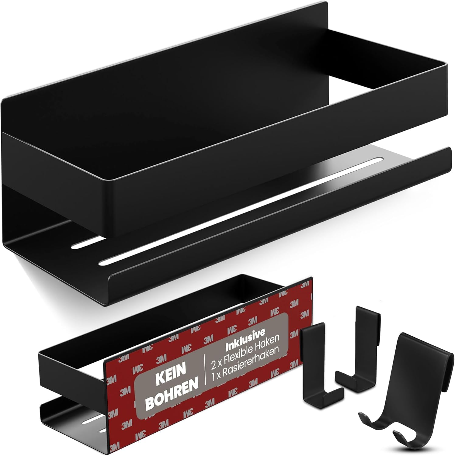 Duschablage Ohne Bohren - Badregal - Duschkorb - Bad Organizer | Massiv - silber gebürstet - 22 cm x 9 cm - 2 Klebevarianten für Nass- und Trockenbereich