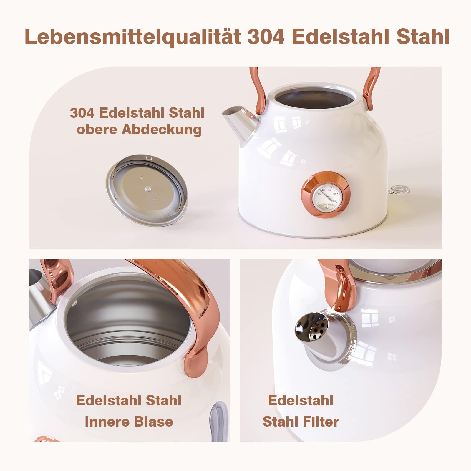 Retro Wasserkocher, 1,7 Liter Edelstahl Teekessel mit grosser Temperaturanzeige, 2200 W Schnellerhitzung Heisswasserkessel mit LED-Anzeige, Schwarz oder Weiss