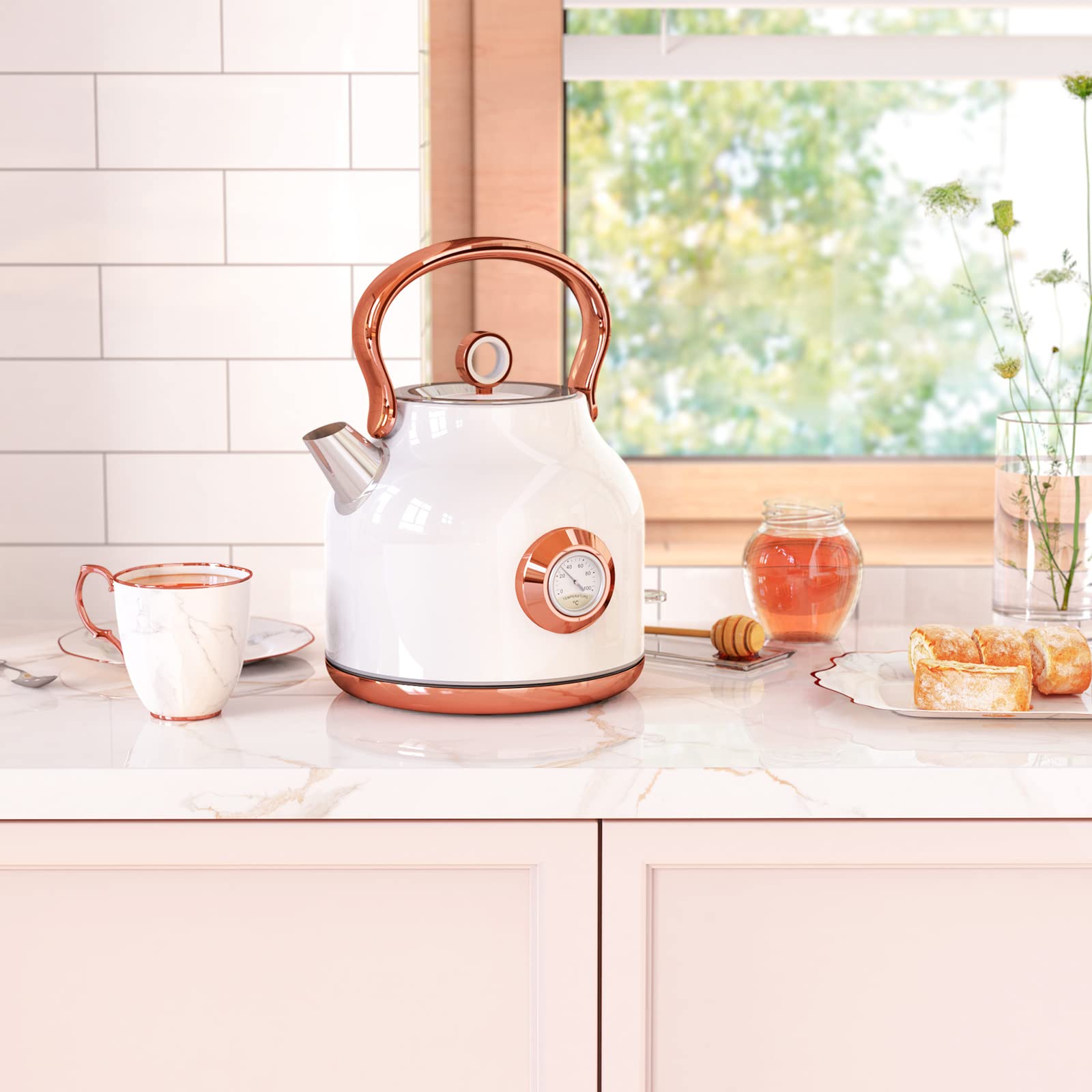 Retro Wasserkocher, 1,7 Liter Edelstahl Teekessel mit grosser Temperaturanzeige, 2200 W Schnellerhitzung Heisswasserkessel mit LED-Anzeige, Schwarz oder Weiss