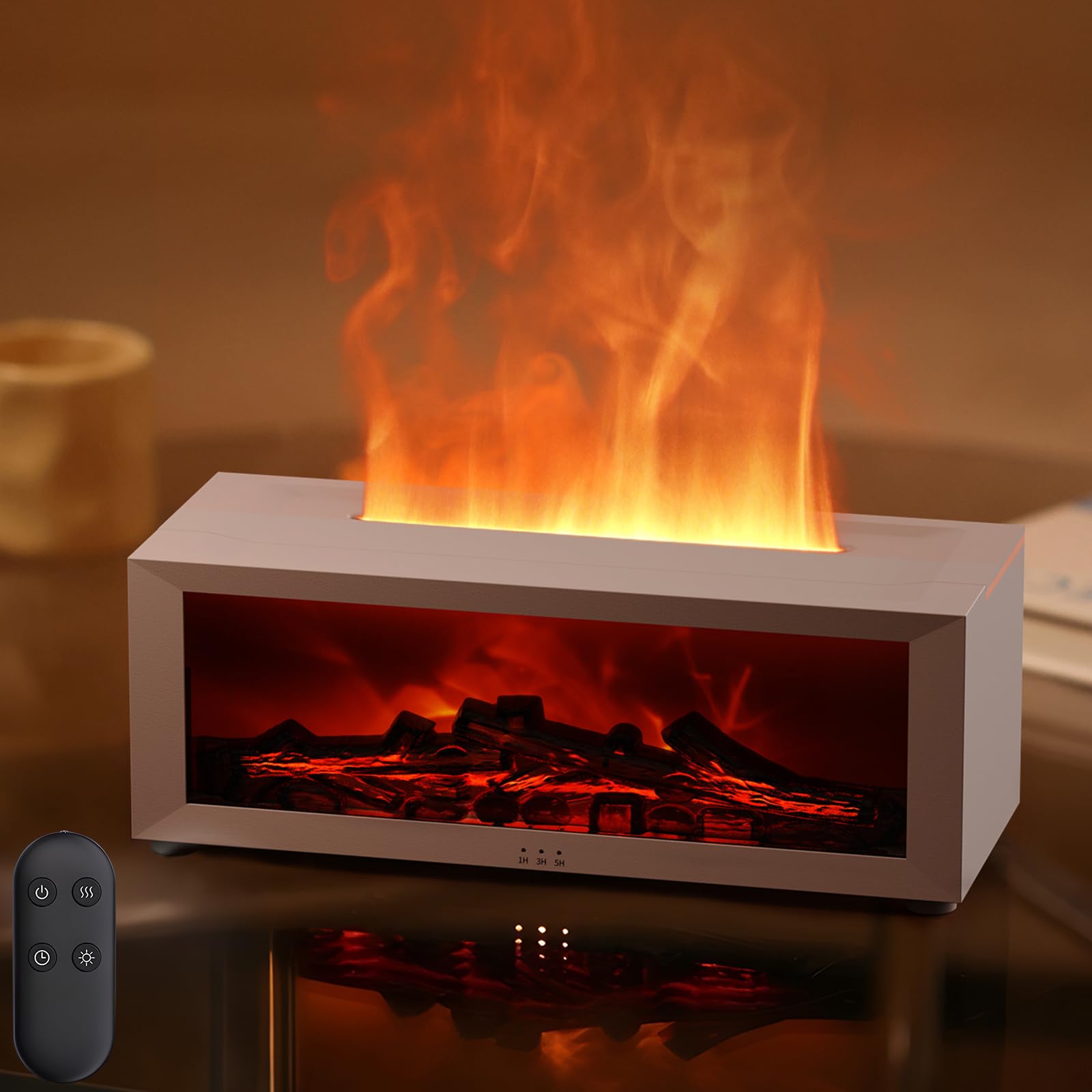 Aroma Diffusor mit LED-Kamin, Duftöl Diffusor für ätherische Öle mit 7-farbigem Lichtflammeneffekt, 150 ml Luftbefeuchter mit Fernbedienung, 4-Timer, Wasserloses Automatisches Ausschalten