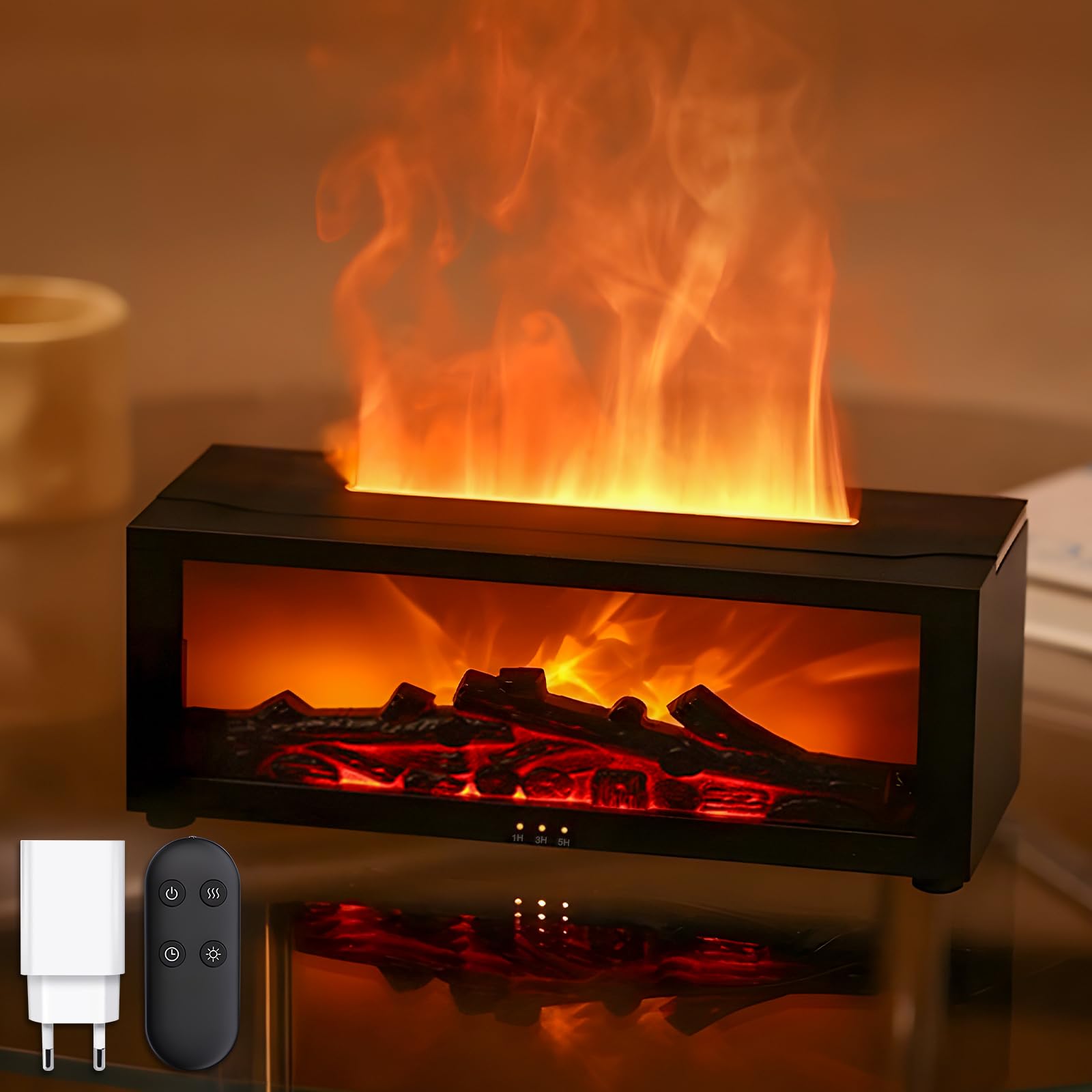 Aroma Diffusor mit LED-Kamin, Duftöl Diffusor für ätherische Öle mit 7-farbigem Lichtflammeneffekt, 150 ml Luftbefeuchter mit Fernbedienung, 4-Timer, Wasserloses Automatisches Ausschalten