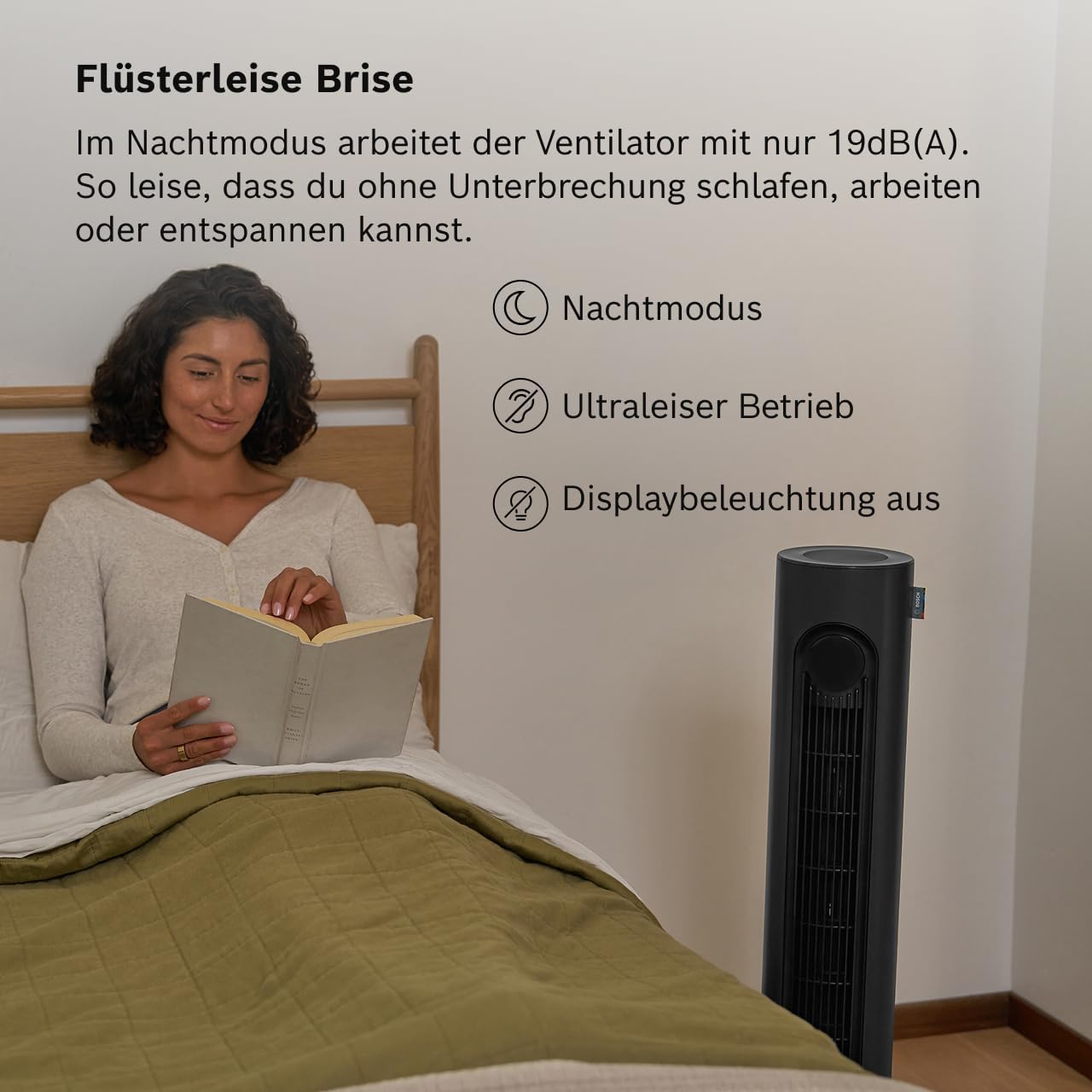 Bosch Tower Fan , Leiser Turmventilator, Midnight Grey | Mit Fernbedienung, 8 Geschwindigkeitsstufen, 90° Oszillation, Nachtmodus & 8-Stunden-Timer, 19 dB(A)