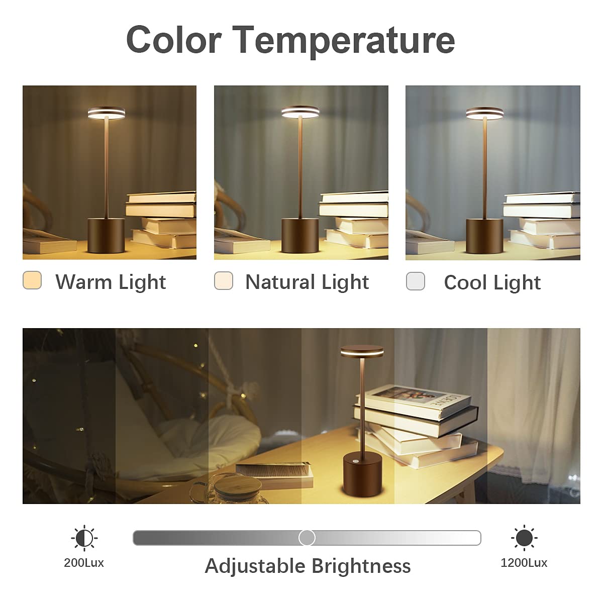 LED Batterie Tischlampen, Wireless, 5000 mAh Modern dimmbar Tischlampe, Aluminium, 3 Farbtemperaturen, Tischlampen Wiederaufladbar für Innen-, Aussen-, Nachttisch, Esstisch, Bar
