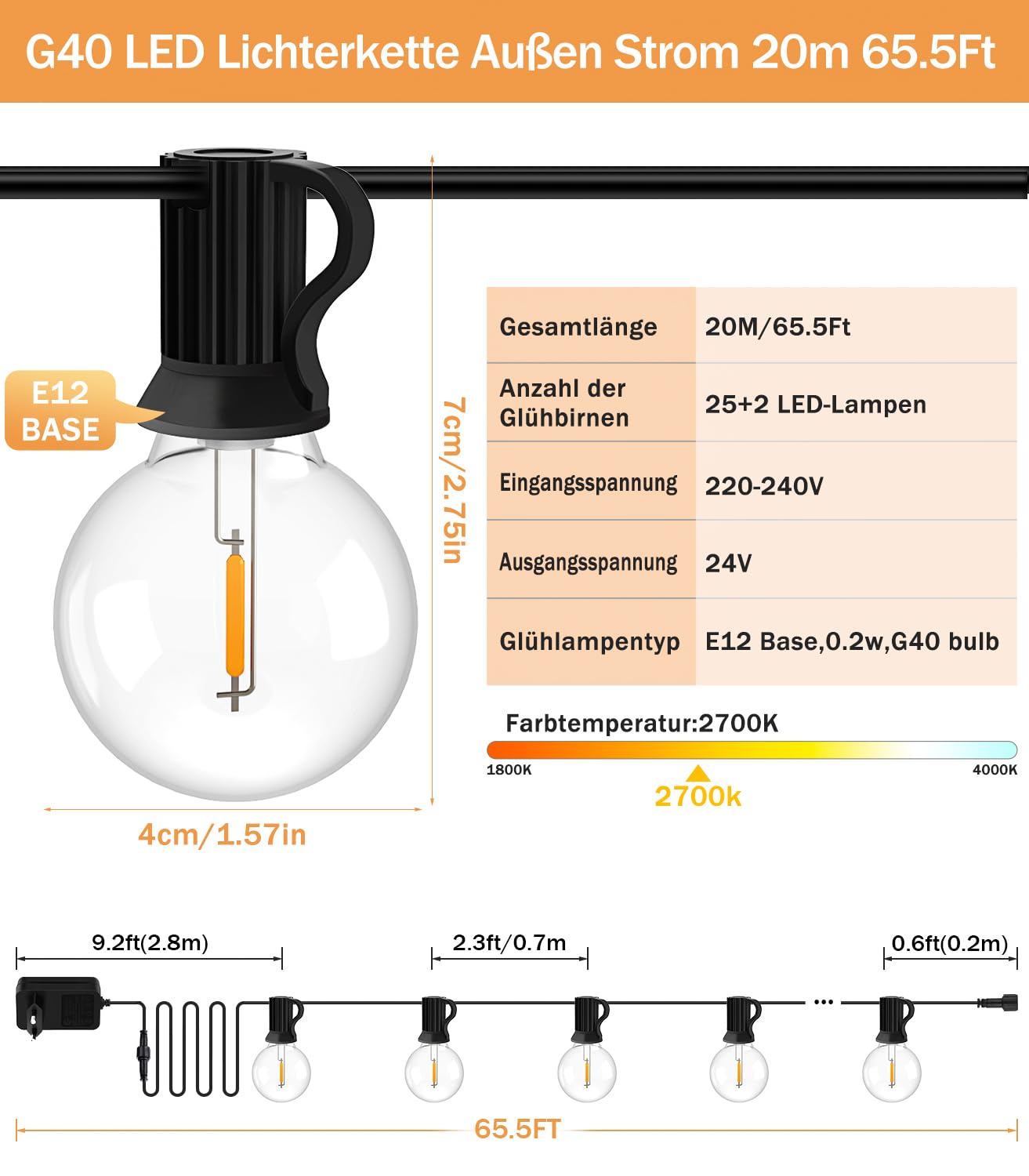 Lichterkette Außen Outdoor LED Strom - Aussen Beleuchtung Garten Balkon - Lichterketten Glühbirnen Pavillon Terrasse Party Draußen String Lights - Wetterfest Dimmbar Fernbedienung Partybeleuchtung