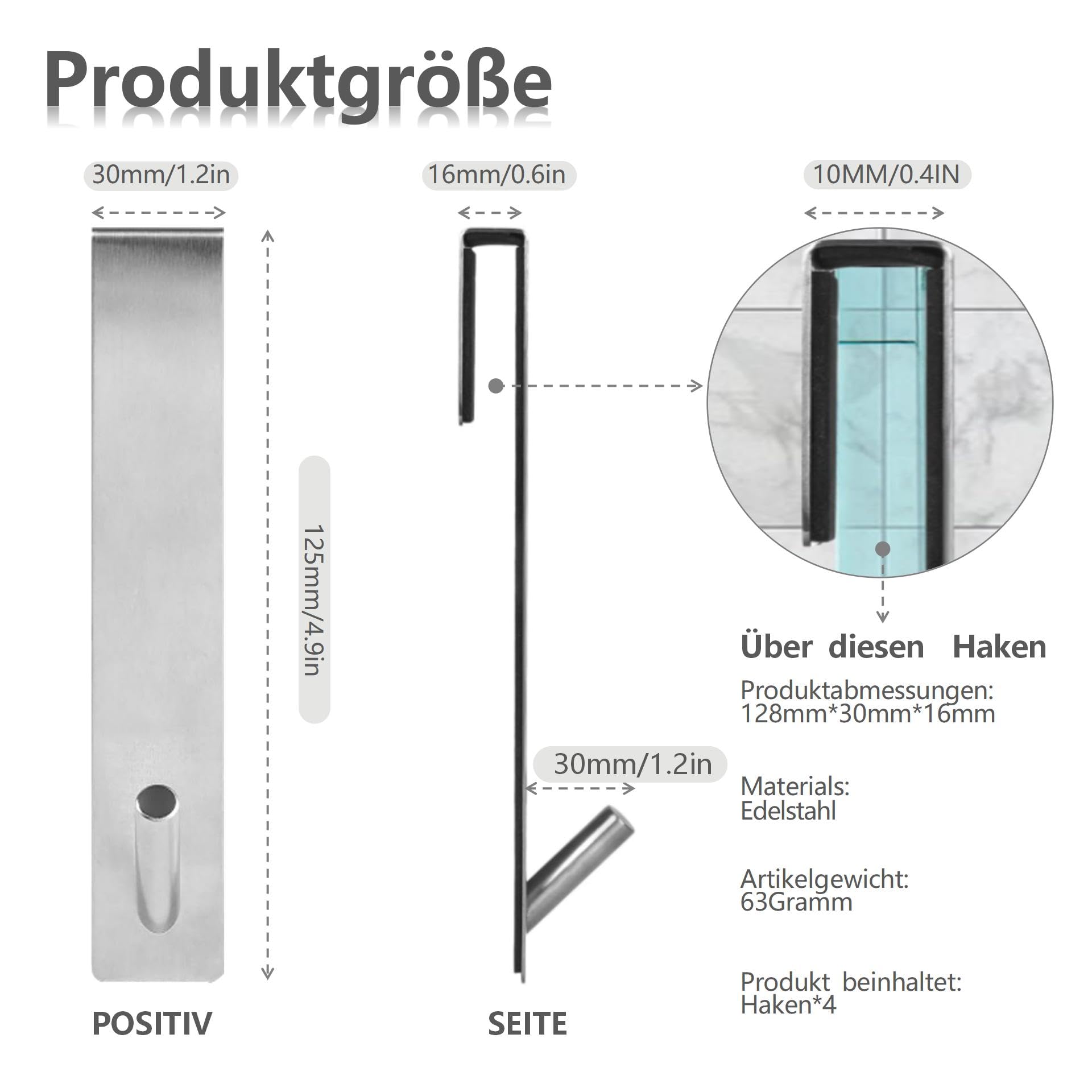 4 STK 12.5CM Edelstahl Duschhaken für Glaswand ohne Bohren, Haken Duschwand mit Schutzmatte, Duschhaken für Glaswand, Handtuchhalter Dusche Glaswand für Glasstärken ≤ 10mm
