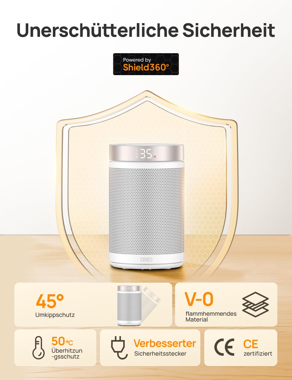 Energiesparender Heizlüfter, 34 dB Leiser 1500W Elektrischer PTC Keramik, Thermostat, Überhitzungs- & Kippschutz, 12 Std. Timer, Elektroheizung für Räume Schlafzimmer, Heater 316, Gold