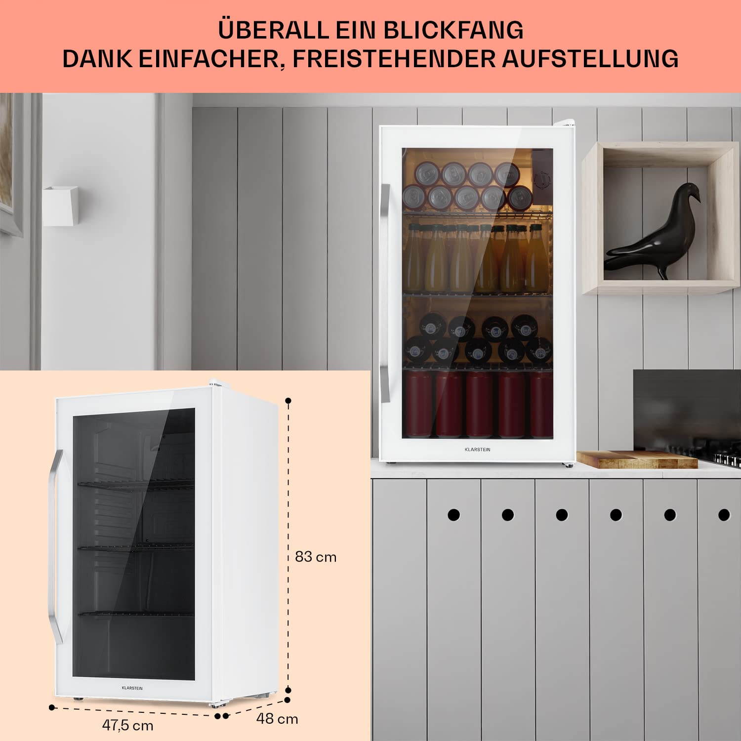 Beersafe Getränkekühlschrank 60 L – Mini Kühlschrank mit Glastür, Kupfer | LED-Beleuchtung, herausnehmbare Metallablagen, leise, Flaschenkühlschrank für Getränke & Dosen