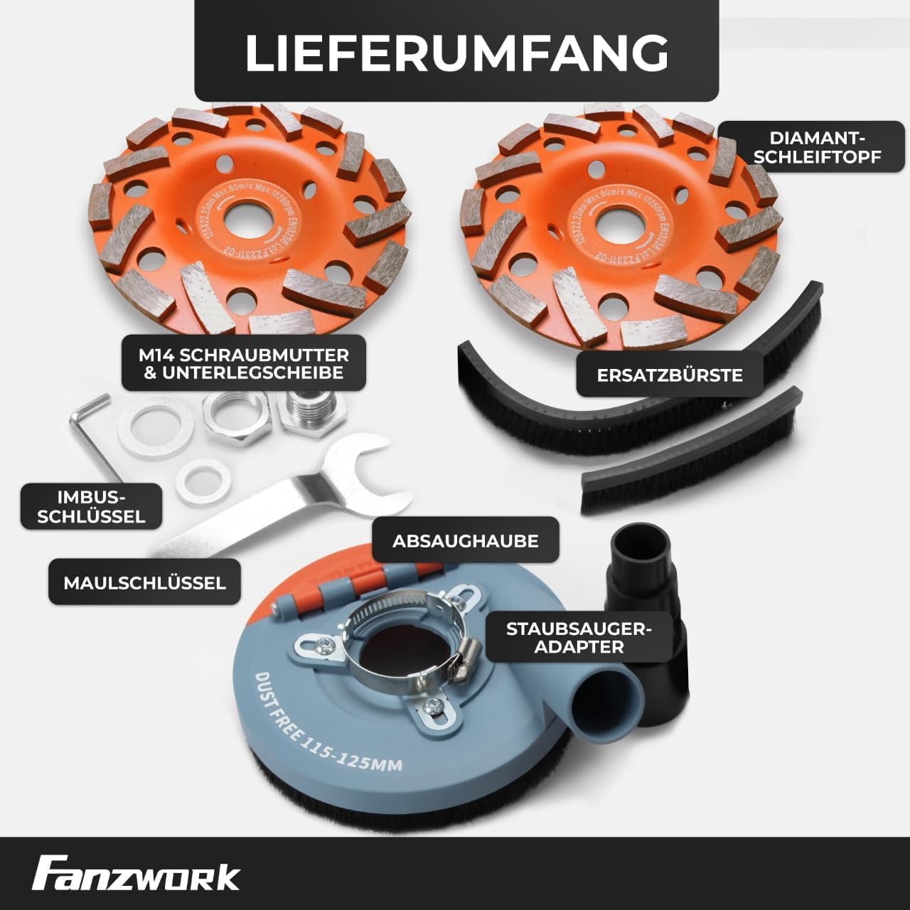 Absaugaufsatz Absaughaube für Winkelschleifer inkl. 125 mm Diamantschleiftopf PROFI QUALITÄT – Bürsten auswechselbar – 99% universal passend – verstärkter Adapterring – M14 Adapter