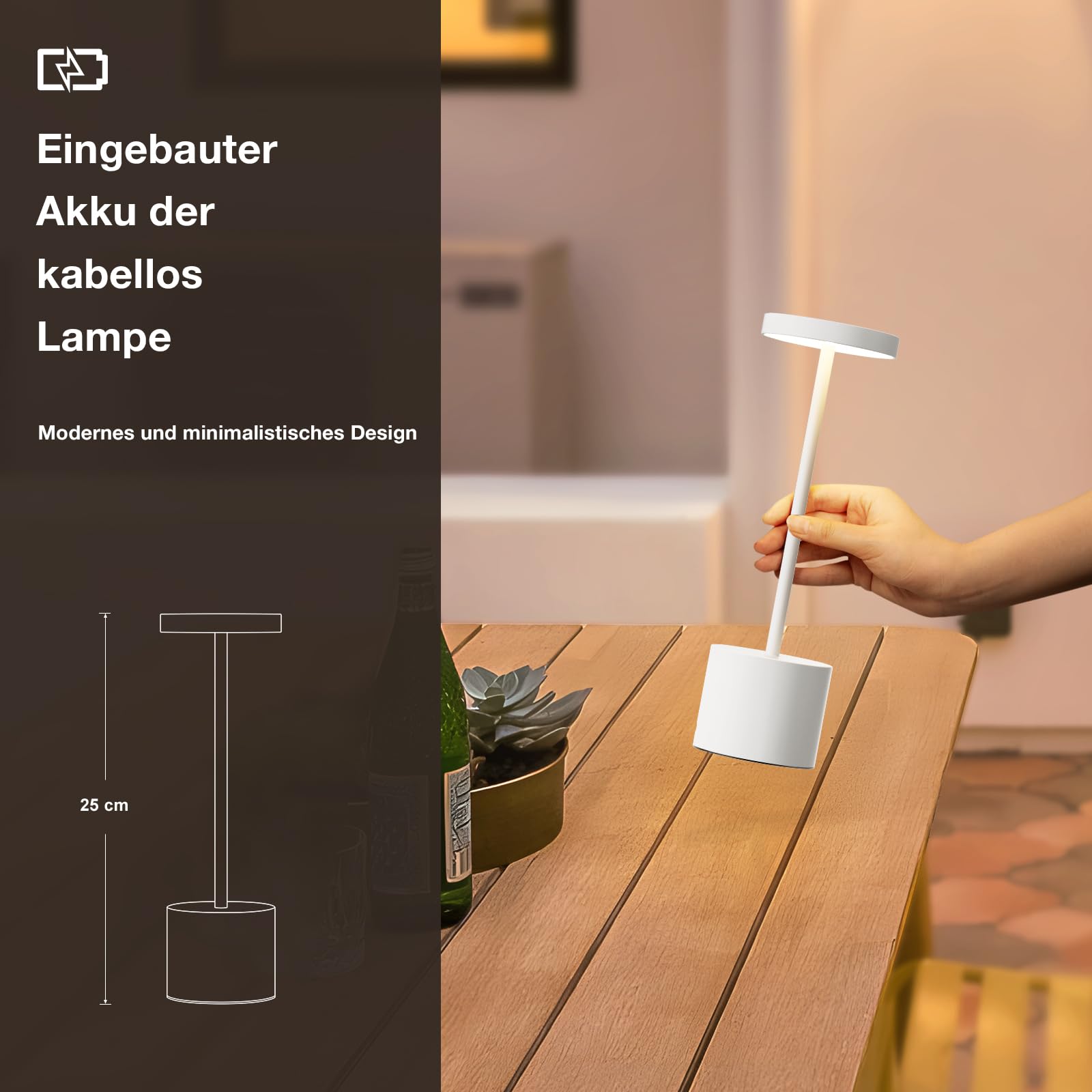 Tischlampe Batterie, LED Tischlampe Wireless, Tischlampe Wireless Batterie mit 3 Farbtemperaturen, Touch Nachttischlampe Dimmbar, kontinuierlich dimmbar für Schlafzimmer