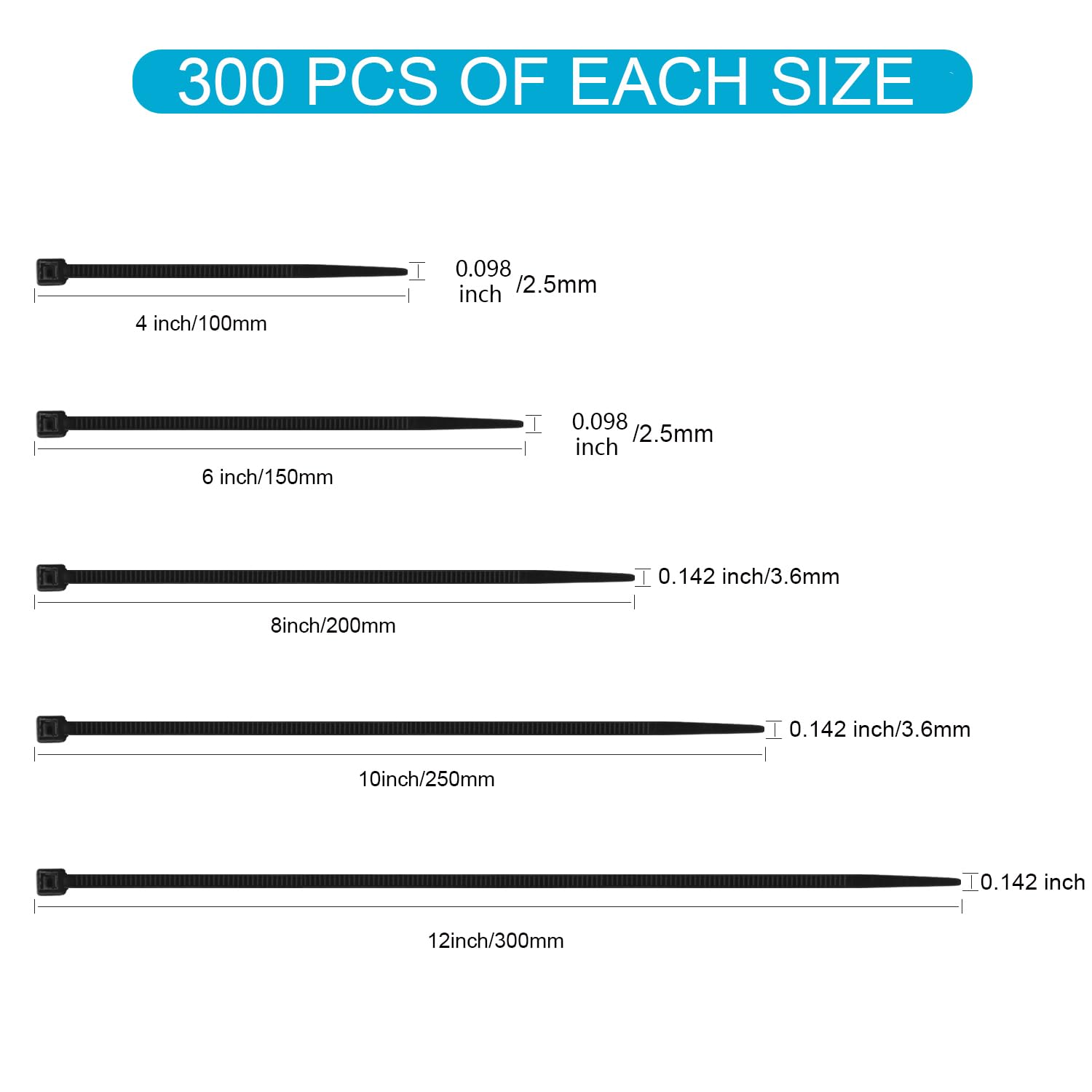 1500 Stück Kabelbinder Schwarz Set, 100/150/200/300 mm(je 300 Stück), UV Beständig Nylon Verschiedene Größen Super Haltbar Selbsthemmend Kabelbinder für Zuhause, Büro, Garten und Werkstatt
