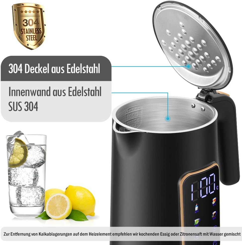 Edelstahl Wasserkocher 1,7 L mit Temperatureinstellung Temperaturauswahl 40-100°C I LED Digitale Temperaturanzeige I Temperatureinstellbare Wasserkocher I Teekanne Teekessel Wärmefunktion
