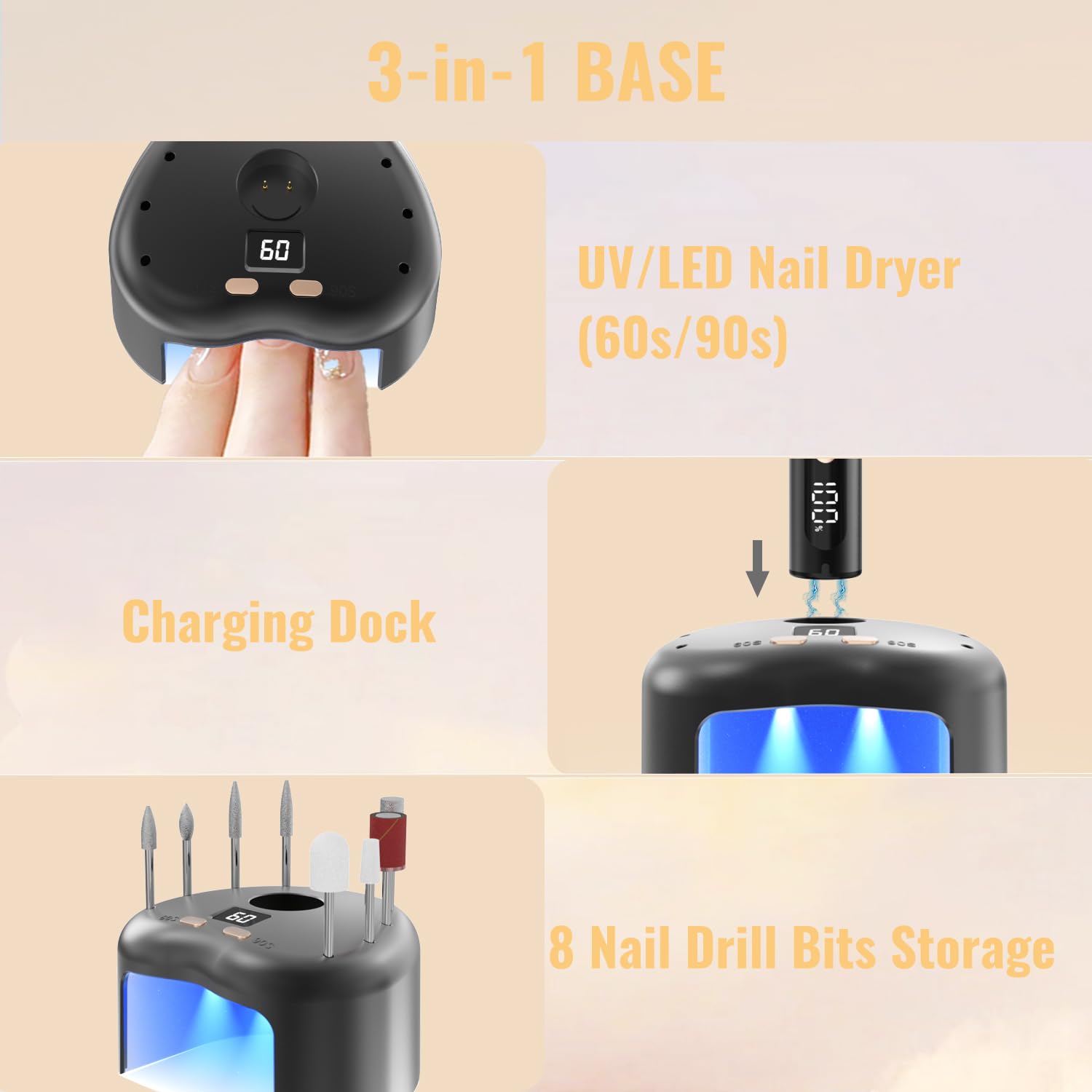 Nagelfräser Kabellos, Elektrische Nagelfeile Professionelle 2 in 1 Fräser für Gelnägel Acrylnägel mit Nagel UV LED Lampe, Maniküre und Pediküre Set Nail Drill 35000 U/Min Schwarz