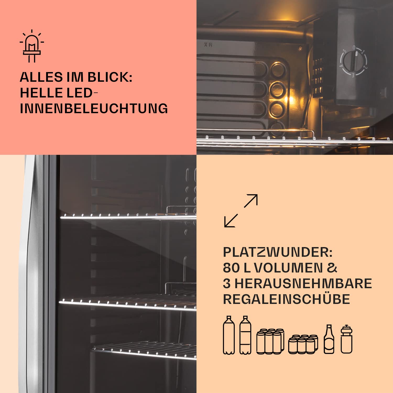 Beersafe Getränkekühlschrank 60 L – Mini Kühlschrank mit Glastür, Kupfer | LED-Beleuchtung, herausnehmbare Metallablagen, leise, Flaschenkühlschrank für Getränke & Dosen