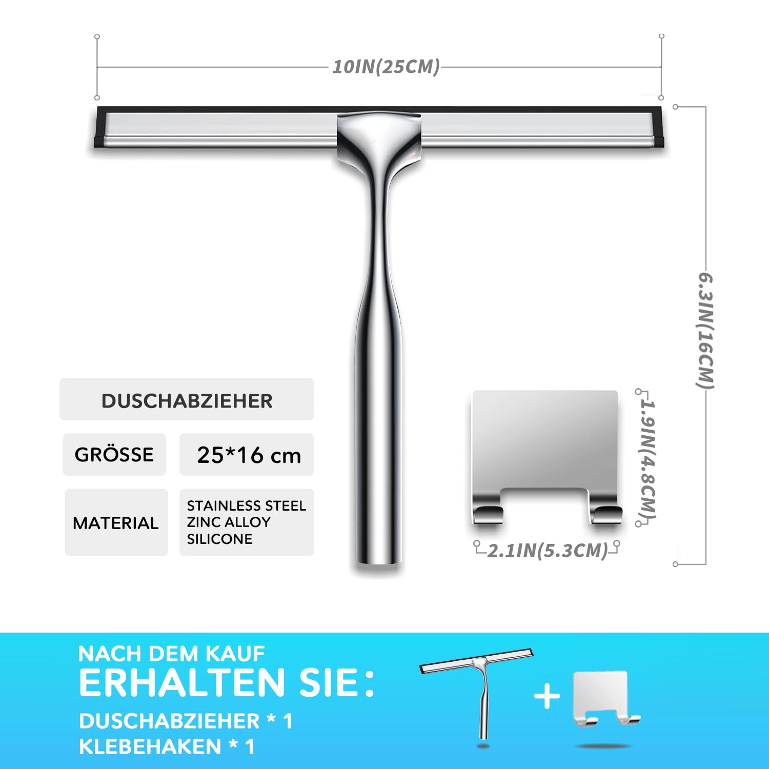 Edelstahl Duschabzieher Mit Selbstklebe Haken, Silber Abzieher Dusche Wischer für Badezimmer, Kurzer Handgriff Glaswischer, Glas Wasserschieber, Duschwand Abzieher, Badwischer